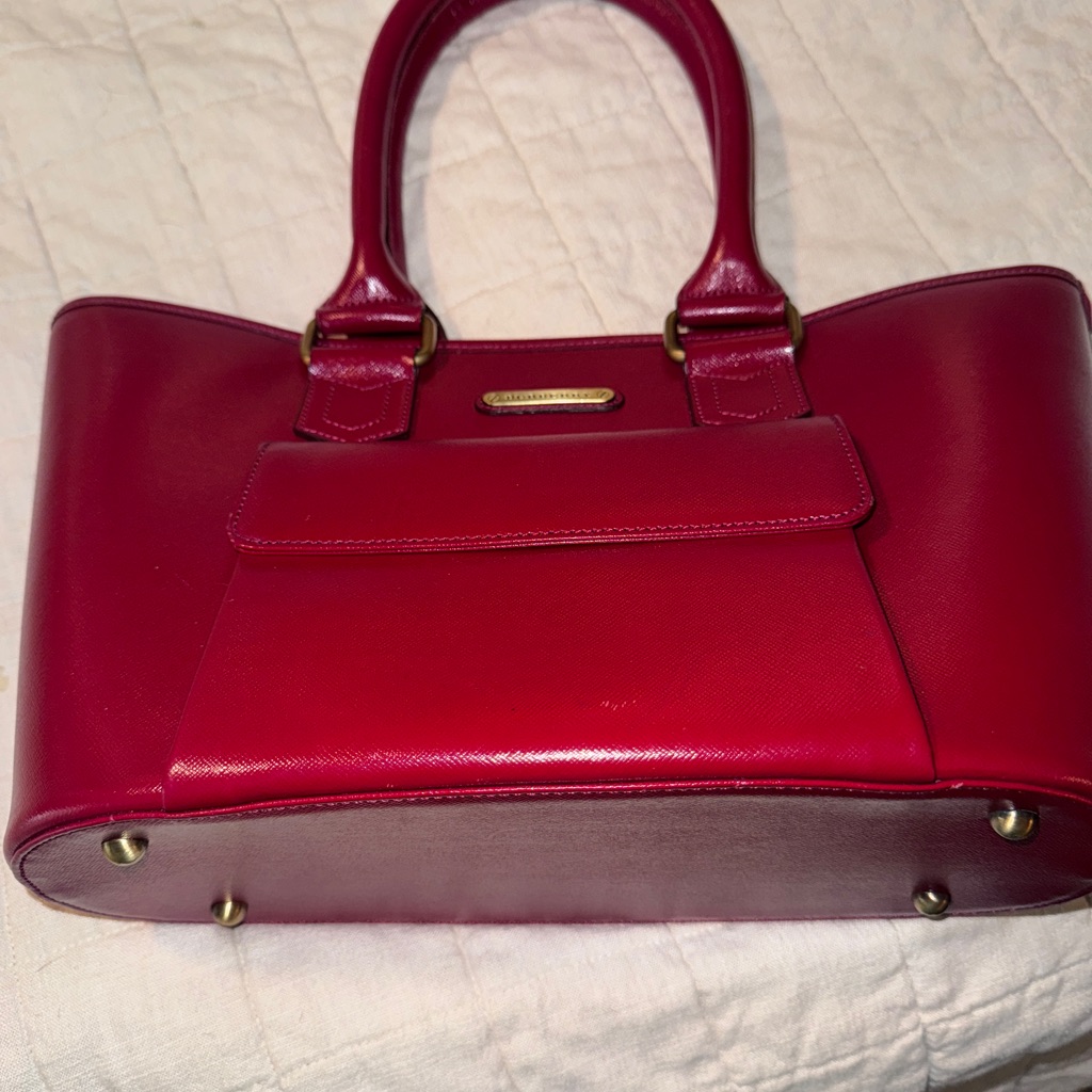 Burberry Red Saffiano Leather Nova Check Satchel